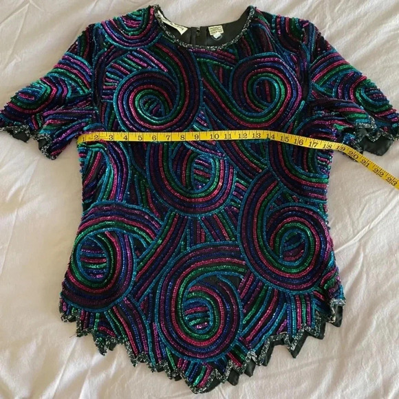 80’s Vintage Black With Colorful Sequins Silk Top Size M New Year’s Party Retro - Picture 9 of 12